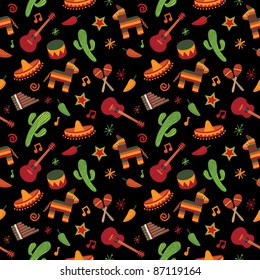 mexican themed seamless pattern with cactus, sombrero and pinata