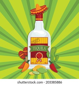 mexican themed tequila bottle decoration with maracas, cactus and chili peppers, with transparencies