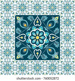 Mexican tile pattern floor vector with ceramic print. Big element in center is framed. Background with portuguese azulejo, mexico talavera, spanish, italian majolica, moroccan motifs.