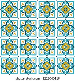 Mexican tile pattern seamless vector with floral ornaments. Portuguese azulejos, mexico talavera, italian sicily majolica, spanish motif. Texture background for kitchen or bathroom flooring ceramic.