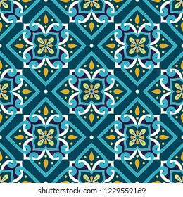 Mexican tile pattern seamless vector with vintage ornaments. Portuguese azulejos, mexico talavera, italian sicily majolica, spanish motif. Texture background for kitchen or bathroom flooring ceramic.