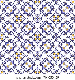 Mexican tile pattern vector with blue, yellow and white ornaments. Portuguese azulejos, talavera, delft dutch, spanish or italian majolica motifs. Tiled background for wallpaper, ceramic or fabric.