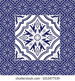 Mexican tile pattern vector ornaments. Flower big texture element in center with frame. Portuguese azulejo, puebla talavera, spanish majolica, italian mosaic, chinese porcelain, delft dutch ceramic.