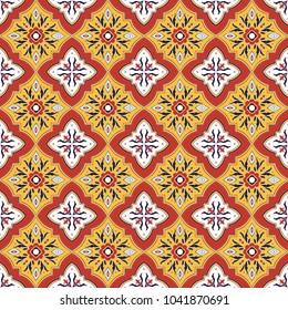 Mexican tile pattern vector seamless with red yellow ornaments. Portuguese azulejo, puebla talavera, spanish or italian majolica. Tiled texture for ceramic kitchen wall or bathroom mosaic floor.