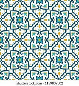 Mexican tile pattern vector seamless with flower ornaments. Portuguese azulejo, puebla talavera, spanish ceramic or italian majolica. Mosaic texture for kitchen wall or bathroom flooring.