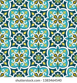 Mexican tile pattern vector seamless with flowers ornaments. Portuguese azulejos, talavera, italian sicily majolica, spanish design. Ceramic texture for kitchen wallpaper or bathroom flooring.