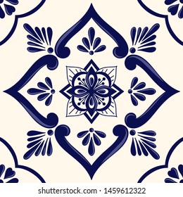 Mexican tile pattern vector seamless with ceramic floral ornament. Portuguese azulejos, puebla talavera, italian sicily or spanish majolica. Mosaic texture for kitchen wall or bathroom floor.