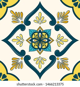 Mexican tile pattern vector seamless with vintage ceramic ornament. Portuguese azulejos, talavera, italian sicily, moroccan or spanish majolica. Mosaic element for kitchen floor or bathroom wall.