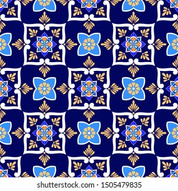 Mexican tile pattern vector seamless with blue ceramic motifs. Portuguese azulejos, puebla talavera, spanish majolica, italian sicily ornament. Geometric vintage texture for wall or floor.