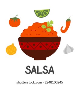 Mexican tomato sauce salsa with fresh raw ingredients. Flat vector illustration on white