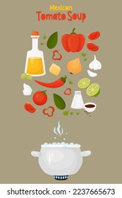 Mexican Tomato Soup recipe with filling ingredients. Vector illustration. Vertical poster with boiling pot and food for cooking Latin American dish in cartoon style.