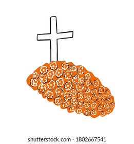 Mexican tomb decorated with orange flowers in honor of All Saints' Day. Day of the dead. Dia de los muertos. Floral tomb. Halloween. Vector illustration. Doodle element for logo, label, emblem, sign