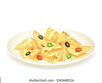 Mexican tortilla chips nachos with cheese sauce isolated on white background. Vector illustration