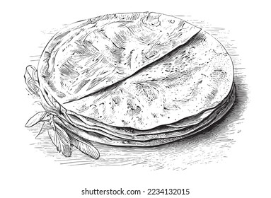 Mexican tortilla hand drawn engraving sketch Restaurant business concept Vector illustration.