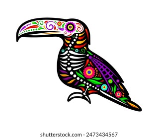 Mexican toucan bird animal tattoo. Isolated vector day of the dead sugar skull or skeleton figure with bones and floral patterns. Dia de los Muertos Mexican toucan tattoo exudes wild spirit of jungle