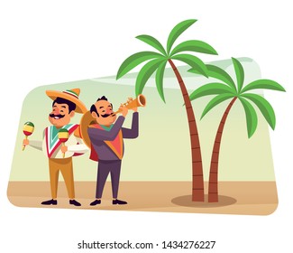 mexican  tradicional culture with a mariachis man with mexican hat, moustache and maracas and man with mexican hat, moustache and trumpet over the sand with palms profile picture avatar