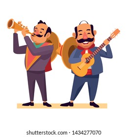 mexican  tradicional culture with a mariachis man with mexican hat, moustache and guitar and man with mexican hat, moustache and trumpet avatar cartoon character portrait vector illustration