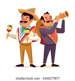 mexican tradicional culture with a mariachis man with mexican hat, moustache and maracas and man with mexican hat, moustache and trumpet avatar cartoon character portrait vector illustration