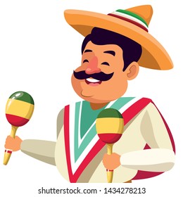 mexican tradicional culture with a mariachis man with mexican hat, moustache and maracas closeup avatar cartoon character portrait vector illustration graphic design