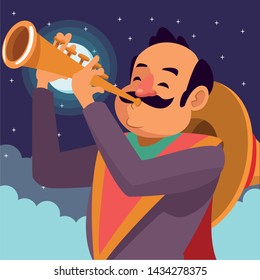 mexican  tradicional culture with a mariachis man with mexican hat, moustache and trumpet closeup profile picture avatar cartoon character portrait at night with starry sky with clouds and