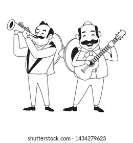 mexican tradicional culture with a mariachis man with mexican hat, moustache and guitar and man with mexican hat, moustache and trumpet avatar cartoon character portrait in black and white