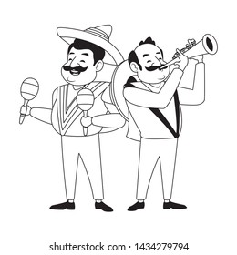 mexican tradicional culture with a mariachis man with mexican hat, moustache and maracas and man with mexican hat, moustache and trumpet avatar cartoon character portrait in black and white