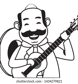 mexican tradicional culture with a mariachis man with mexican hat, moustache and guitar closeup avatar cartoon character portrait in black and white vector illustration graphic design