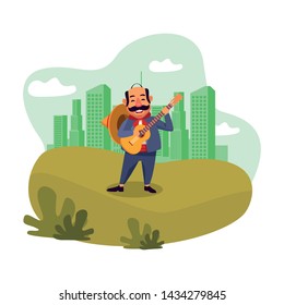 mexican tradicional culture with a mariachis man with mexican hat, moustache and guitar over the grass with cityscape, skyscraper and clouds vector illustration graphic design