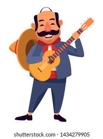 mexican tradicional culture with a mariachis man with mexican hat, moustache and guitar avatar cartoon character portrait vector illustration graphic design