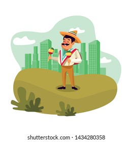 mexican tradicional culture with a mariachis man with mexican hat, moustache and maracas over the grass with cityscape, skyscraper and clouds vector illustration graphic design