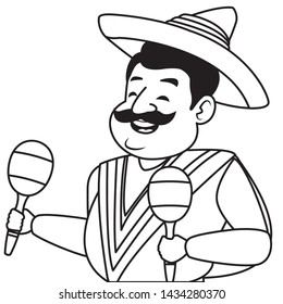 mexican tradicional culture with a mariachis man with mexican hat, moustache and maracas closeup avatar cartoon character portrait in black and white vector illustration graphic design