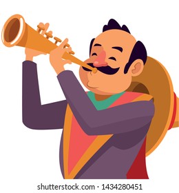 mexican tradicional culture with a mariachis man with mexican hat, moustache and trumpet closeup avatar cartoon character portrait vector illustration graphic design