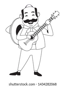 mexican tradicional culture with a mariachis man with mexican hat, moustache and guitar avatar cartoon character portrait in black and white vector illustration graphic design