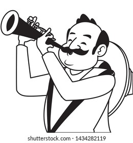 mexican tradicional culture with a mariachis man with mexican hat, moustache and trumpet closeup avatar cartoon character portrait in black and white vector illustration graphic design