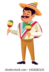 mexican tradicional culture with a mariachis man with mexican hat, moustache and maracas avatar cartoon character portrait vector illustration graphic design