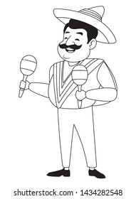 mexican tradicional culture with a mariachis man with mexican hat, moustache and maracas avatar cartoon character portrait in black and white vector illustration graphic design