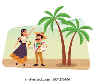 mexican  tradicional culture with a mariachis woman singing with roses in her hair and man with mexican hat, moustache and maracas over the sand with palms profile picture avatar cartoon