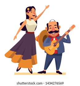 mexican tradicional culture with a mariachis woman singing with roses in her hair and man with mexican hat, moustache and guitar avatar cartoon character portrait vector illustration graphic