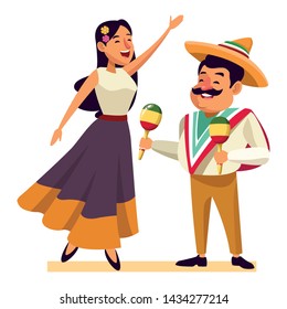 mexican tradicional culture with a mariachis woman singing with roses in her hair and man with mexican hat, moustache and maracas avatar cartoon character portrait vector illustration graphic