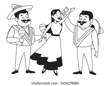 mexican tradicional culture with a mariachis woman singing with roses in her hair, man with mexican hat, moustache and maracas and man with mexican hat, moustache and tequila bottle avatar