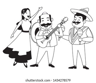 mexican tradicional culture with a mariachis woman singing with roses in her hair, man with mexican hat, moustache and guitar and man with mexican hat, moustache and maracas avatar cartoon