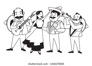 mexican tradicional culture with a mariachis woman singing with roses in her hair, man with mexican hat, moustache and guitar, man with mexican hat, moustache and maracas and man with mexican