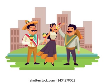 mexican tradicional culture with a mariachis woman singing with roses in her hair, man with mexican hat, moustache and maracas and man with mexican hat, moustache and tequila bottle over the