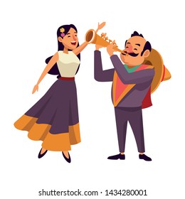 mexican tradicional culture with a mariachis woman singing with roses in her hair and man with mexican hat, moustache and trumpet avatar cartoon character portrait vector illustration graphic