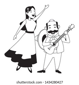 mexican tradicional culture with a mariachis woman singing with roses in her hair and man with mexican hat, moustache and guitar avatar cartoon character portrait in black and white vector