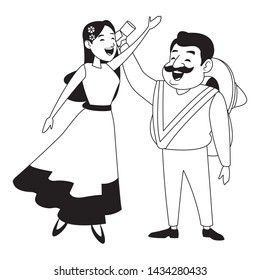 mexican tradicional culture with a mariachis woman singing with roses in her hair and man with mexican hat, moustache and tequila bottle avatar cartoon character portrait in black and white