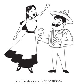 mexican tradicional culture with a mariachis woman singing with roses in her hair and man with mexican hat, moustache and maracas avatar cartoon character portrait in black and white vector