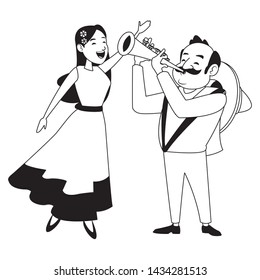 mexican tradicional culture with a mariachis woman singing with roses in her hair and man with mexican hat, moustache and trumpet avatar cartoon character portrait in black and white vector