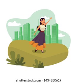 mexican tradicional culture with a woman singing with roses in her hair over the grass with cityscape, skyscraper and clouds vector illustration graphic design