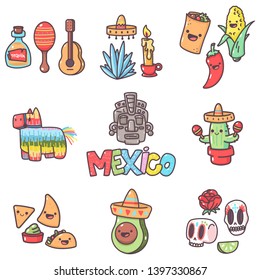 Mexican tradition elements with cute emotions for party and holidays vector cartoon set isolated on a white background.